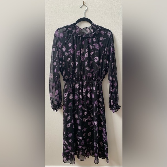 Aqua Dresses & Skirts - SZ S Aqua Black/Purple  Long Sleeve Floral Print Midi Dress
